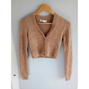 Hollister Co. fuzzy cropped cardigan tan brown color size XS neutral soft
